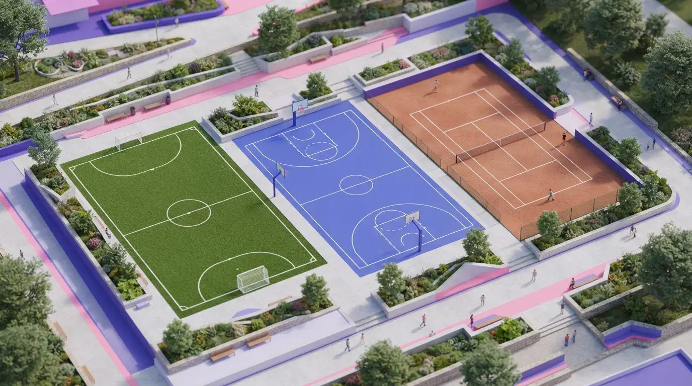 Fußballfeld, Basketballplatz und Tennisfeld aus der Vogelperspektive