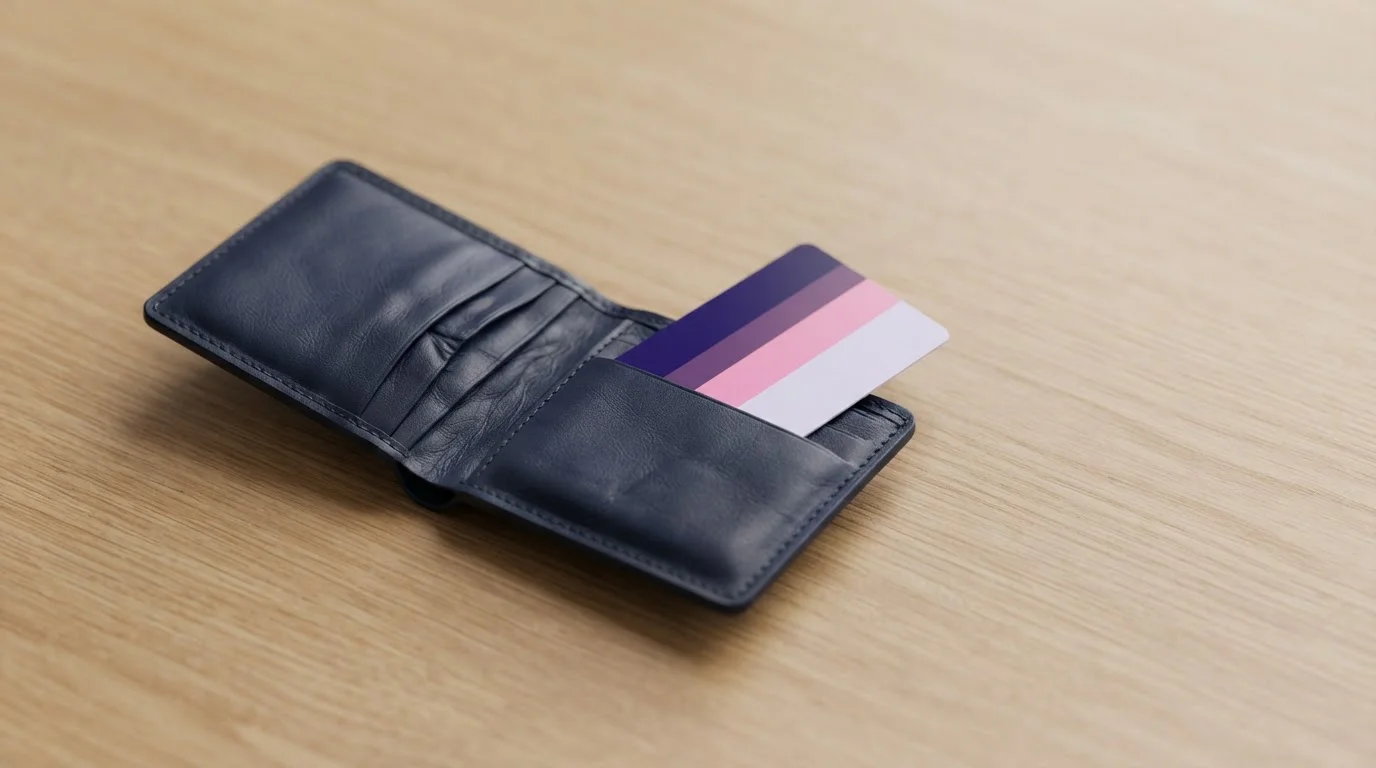 Schlichte Bankkarte neben einem Lederportemonnaie auf einem Holztisch