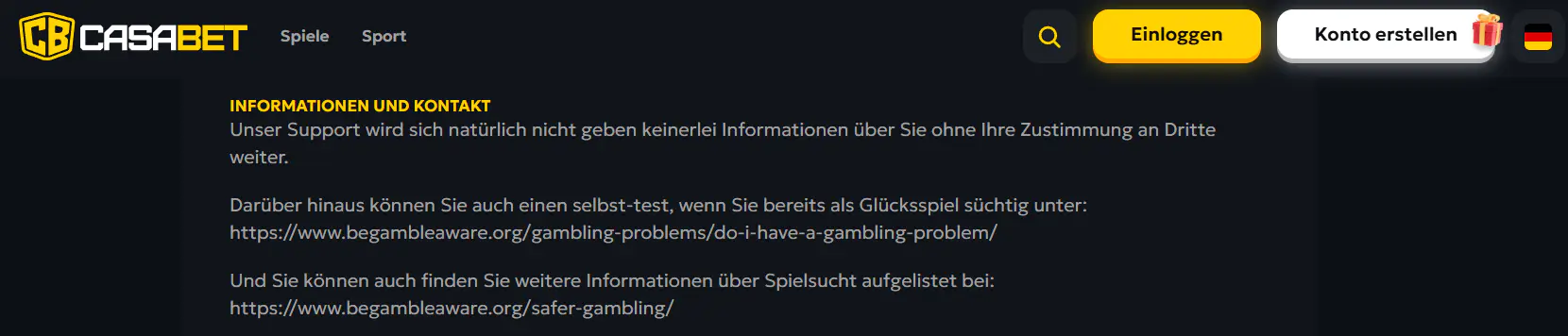 Kontaktbereich von CasaBet