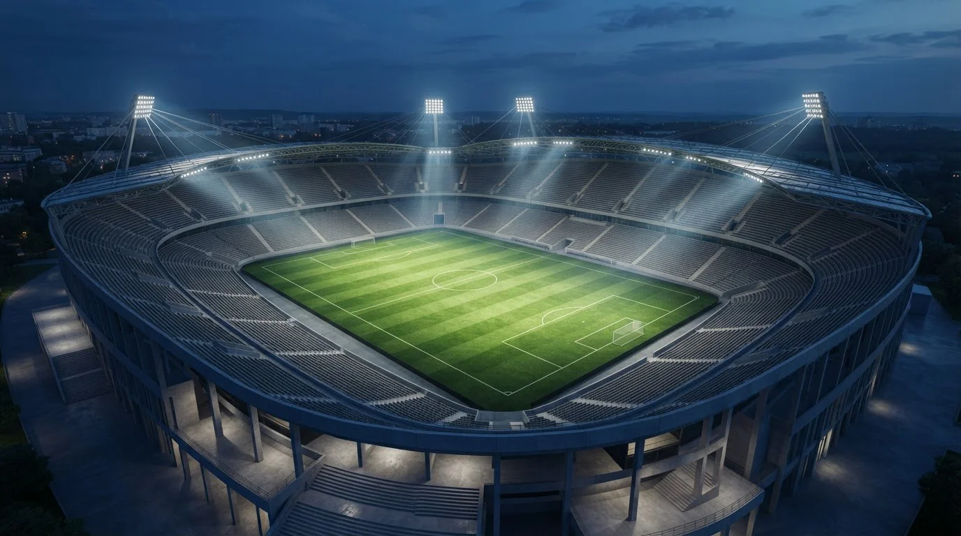 Abendliches Sportstadion mit beleuchteten Tribünen und Flutlichtmasten