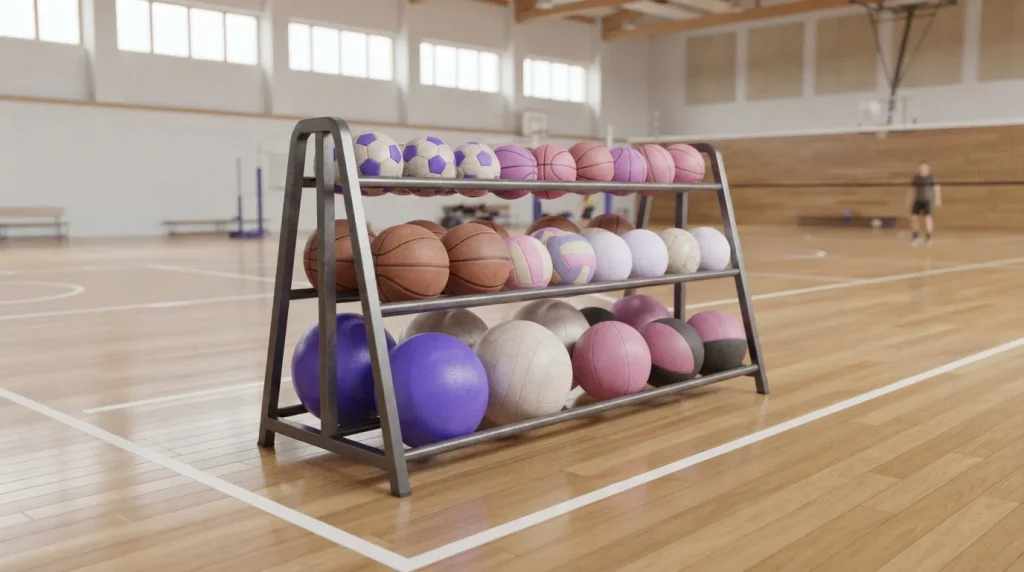 Ständer mit Fußbällen, Basketbällen und weiteren Sportbällen in einer Halle