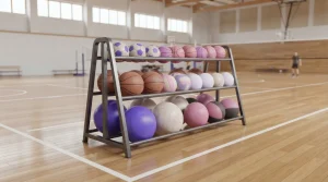 Ständer mit Fußbällen, Basketbällen und weiteren Sportbällen in einer Halle