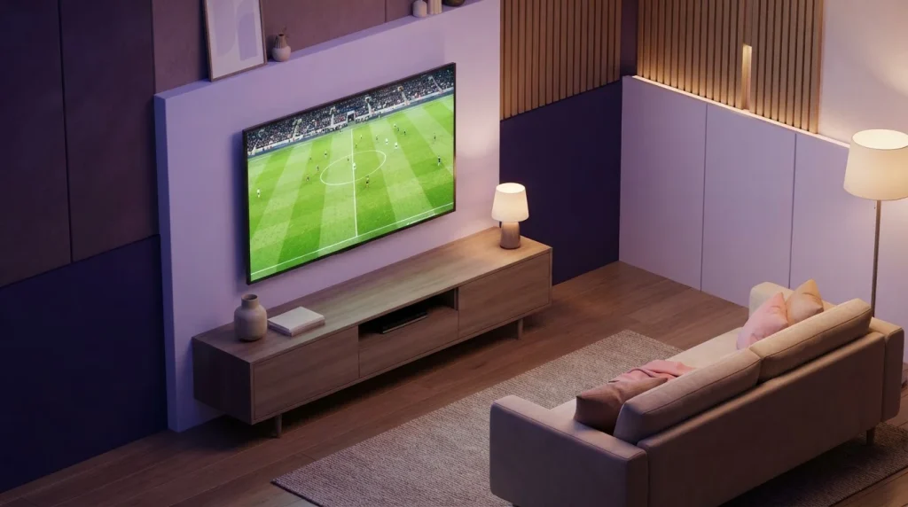Fernsehgerät auf einem niedrigen Tisch vor einem Sofa mit beleuchtetem Spielfeld