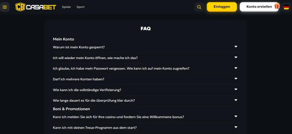 FAQ-Bereich von CasaBet