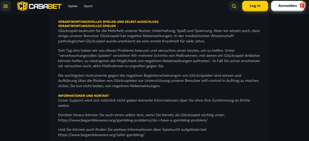 Bereich zum verantwortungsvollen Spielen bei CasaBet