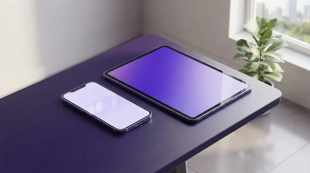 Ein Smartphone und ein Tablet stehen auf einem hellen Schreibtisch